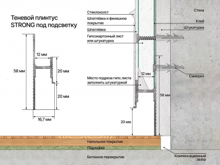 Картинка товара плинтус теневой strong под подсветку 3000*58(20)*15 мм 010609 parketcity-ufa.ru