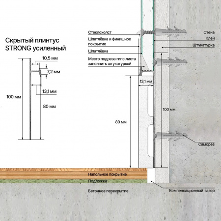 Картинка товара скрытый плинтус laconistiq strong под подсветку 3000*80*13,1 мм 014621 parketcity-ufa.ru