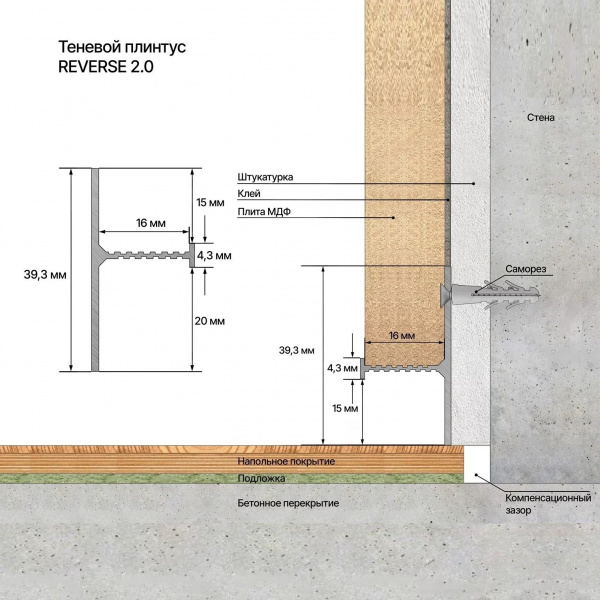 Картинка товара теневой плинтус laconistiq reverse 2.0 для панелей и керамогранита 3000*39*16 мм 011891 parketcity-ufa.ru